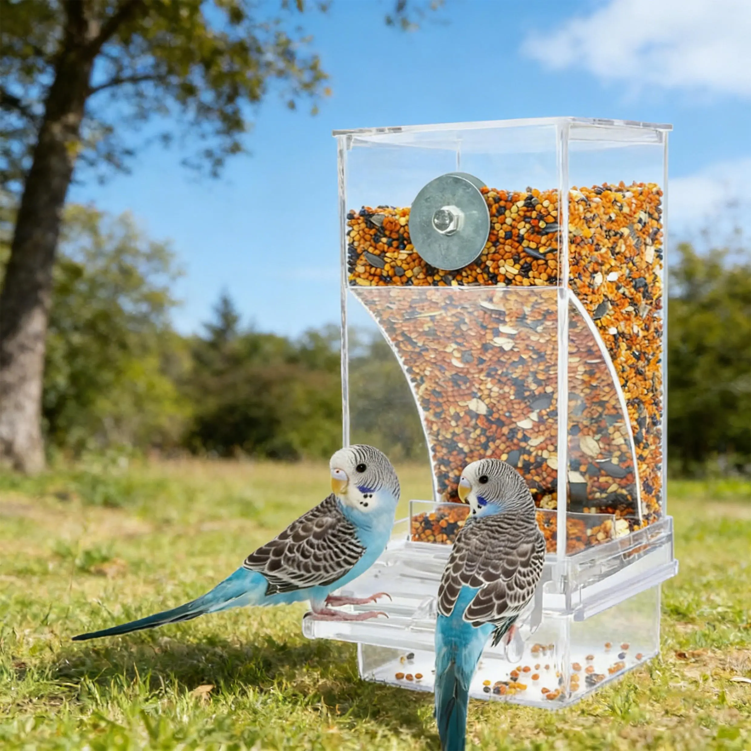 No Drill No Mess Bird Feeder, Automatic Clear Cage Seed Dispenser | Transparent Easy Install Feeder for Parakeet, Cockatiel, Canary, Lovebird, Conure, Cockatoo | Perfect for Small Medium Birds & Bird Lovers, Fun Gifts