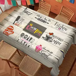 Kitchen Fun Slogan Tablecloth, Light Wood Color Warm Style, Home Dining Table Mat, Rectangular Coffee Table Cover, Wedding Decor, Rectangle Tablecloth