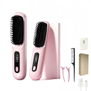 Hair Straightener Brush, Wireless Straight Hair Comb, Portable Straightening Brush with LED Display Screen, Anti-Scald Ceramic and 3 Temperature Adjust & USB Rechargeable,Pink