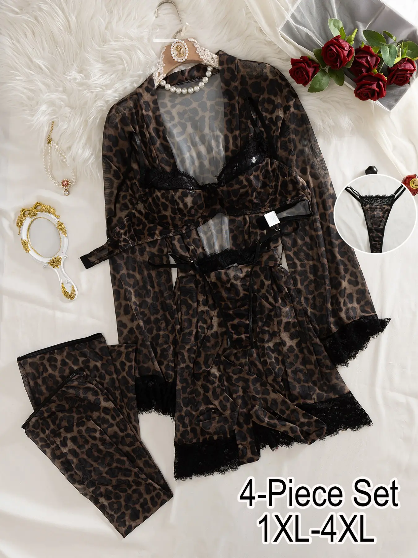 Luxury Leopard Print 4-Piece Lingerie Set, Long Sleeve Loose Mesh Sleep Robe, Loungewear, Nightwear, Lace Trim Leopard Net Sexy Underwear, Plus Size 1xl-4xl, Pajama Set, Loungewear Pjs Set, Mesh Sleepwear