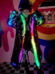 Men's LED Glow Fake Fur Coat, Winter New Arrival, Hooded Long Warm Jacket, Trendy Party Outerwear, Versatile Street Style