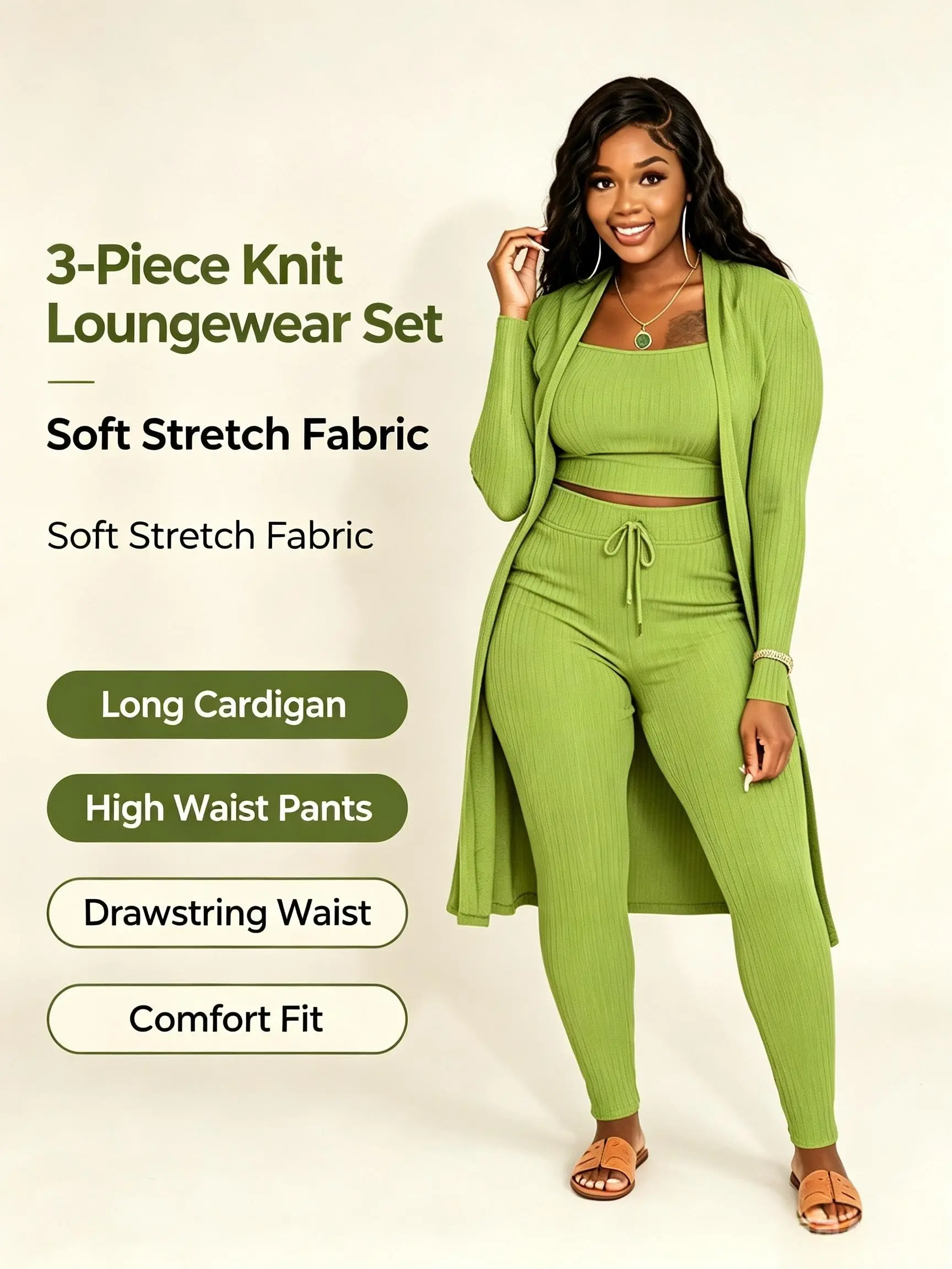Women's 3-Piece Ribbed Loungewear Set, Long Sleeve Duster Cardigan, Cropped Cami Tank Top and High-Waist Jersey Leggings, Lightweight, Matching, Minimalist, Style, Square Neck, Stretch Jersey, Solid Colors, Open Front, Chic, Basic, Casual, Soft