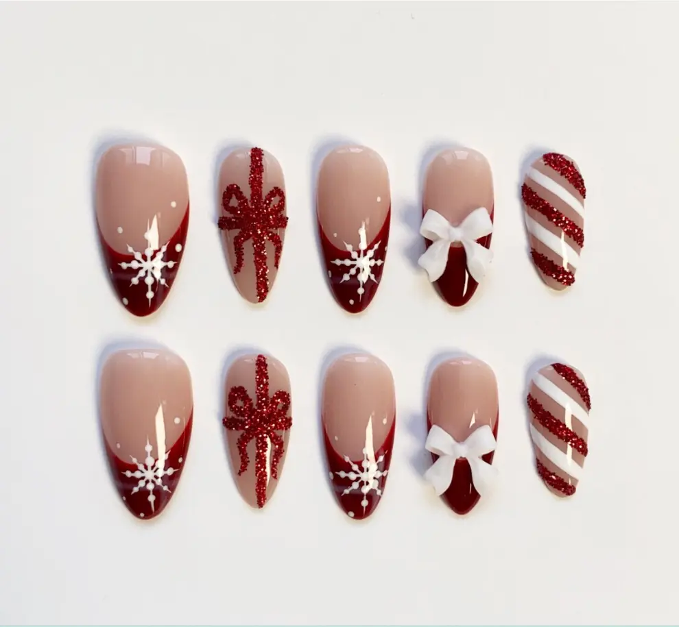 Christmas French Tip Press On Nails, Red Nude Glitter Bow Snowflake Candy Cane Nails, Elegant Holiday Set, Gift for Her
