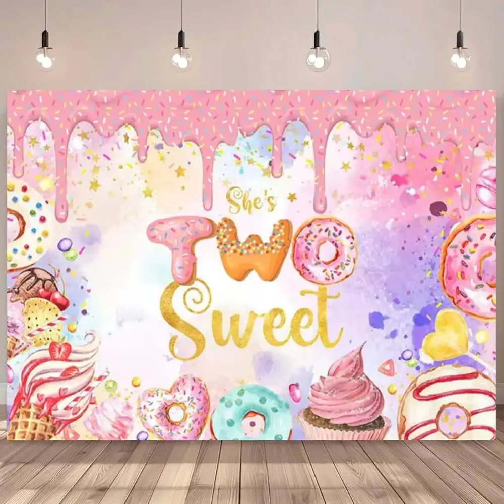 1pc 152.4" x 152.4" 2D Flat Pink Donut Ice Cream Happy Birthday Background Cloth, Glam Cake Table Banner, Sweet Birthday Party Decor & Portrait Photography Backdrop (Textiles & Soft Furnishings)