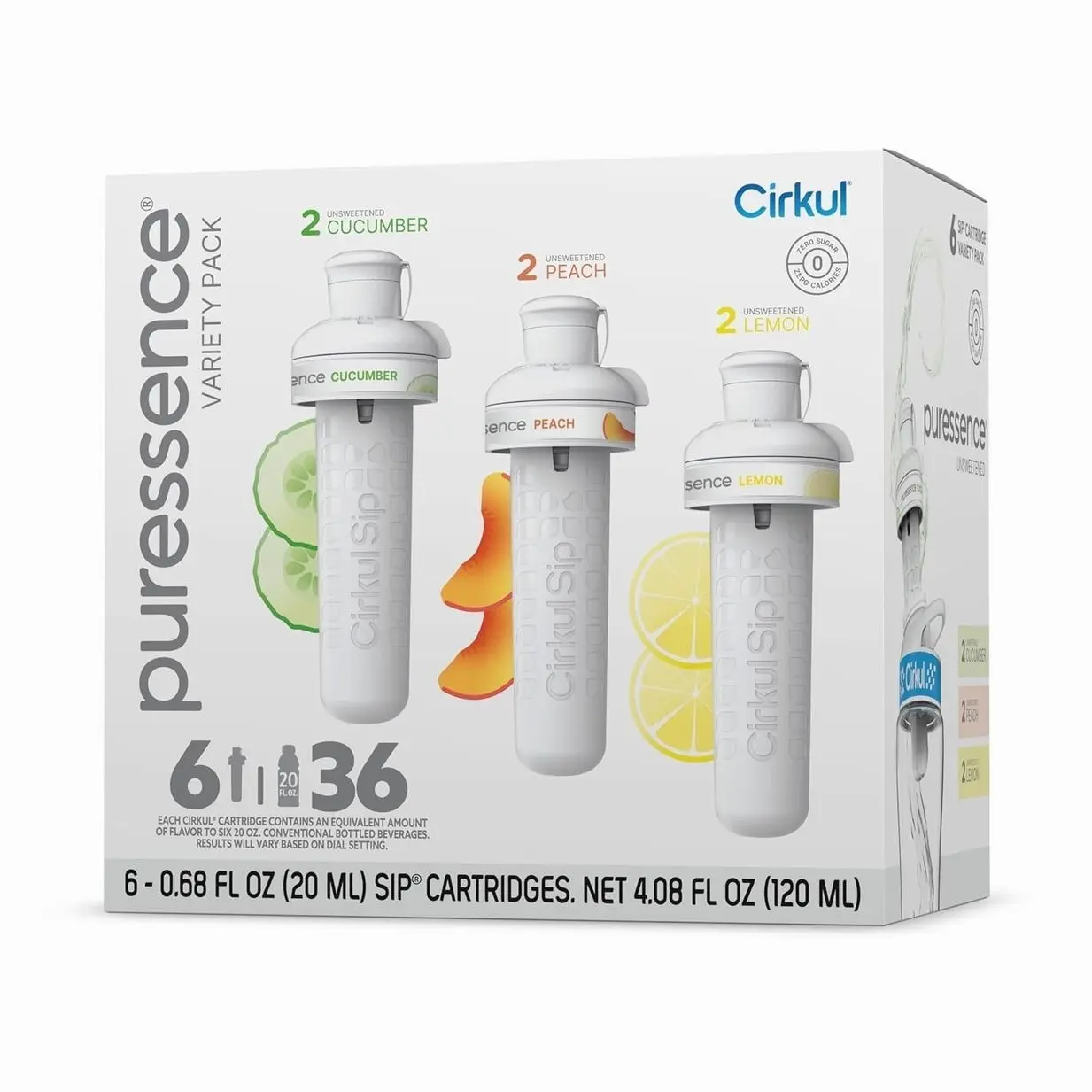 Cirkul Puressence Unsweetened Flavor Water Variety Pack, Makes 36 Drinks, No Sugar, Zero Calorie Drink Mix, (2 Cucumber, 2 Peach, 2 Lemon)