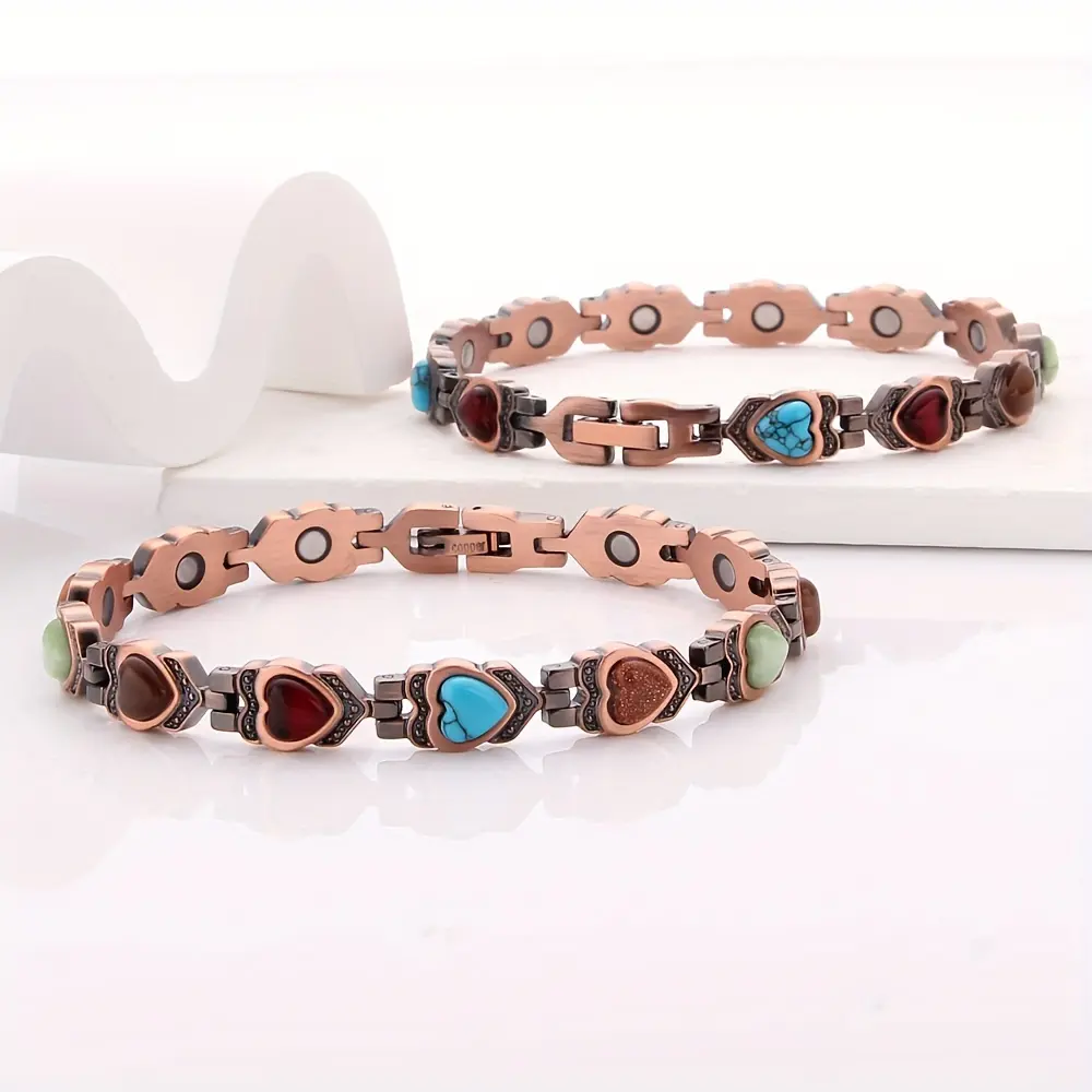 1pc Adjustable Magnetic Bracelet for Women - Turquoise & Copper, Heart-Shaped Clasp, Includes Sizing Tool - Ideal Birthday Gift for Mom, Adjustable Mechanism Bracelets & Bangles, Copper Bracelets & Bangles