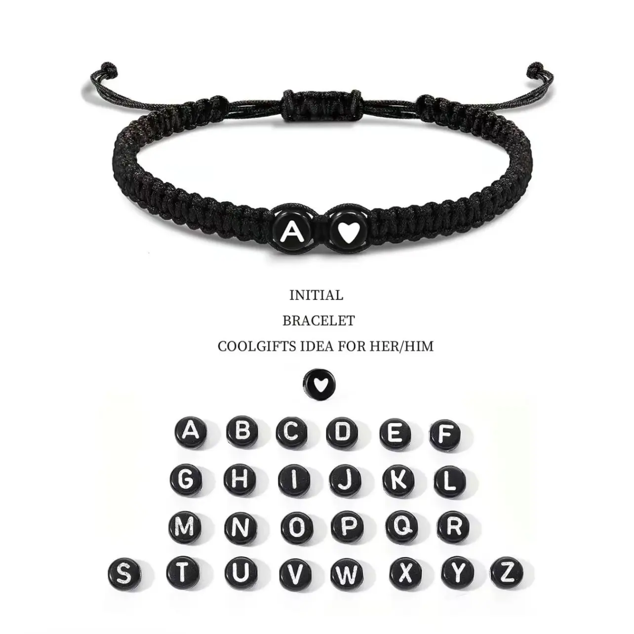 (2 Pack) Initial Heart Bracelet - 26 Alphabet Braided Adjustable Bracelet for Women, Men, Teen Girls and Boys Jewelry Love