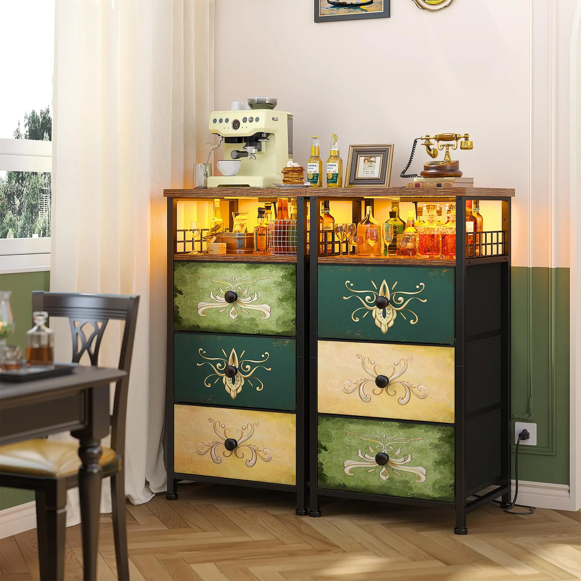 【LaborDaySale】 Raybee Furniture Nightstand set of 2 with Charging Station, LED Night Stand with 3 Drawers, USB Ports & Outlets, Night Stands with Stor