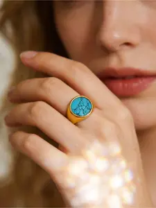 1 Piece Faux Turquoise Round Ring Vintage Western Cowboy Style 18K Gold Plated Stainless Steel Jewelry For Women Fashion Ring Unique Accessory Commuting Party Wear