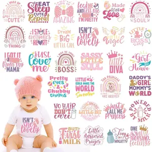 Iron  Transfers - 30 Count  Ready to Press Heat Transfer Vinyl Stickers, Includes Bodysuit Patches, Girls Shower Decor, DIY Crafts