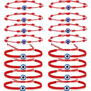 16 Set Evil Eye String Kabbalah Bracelets 7 Knots Adjustable Hand-Woven Red Rope Cord Thread Braided Bracelet Charm Bracelets for Luck Fortune Protection Prosperity