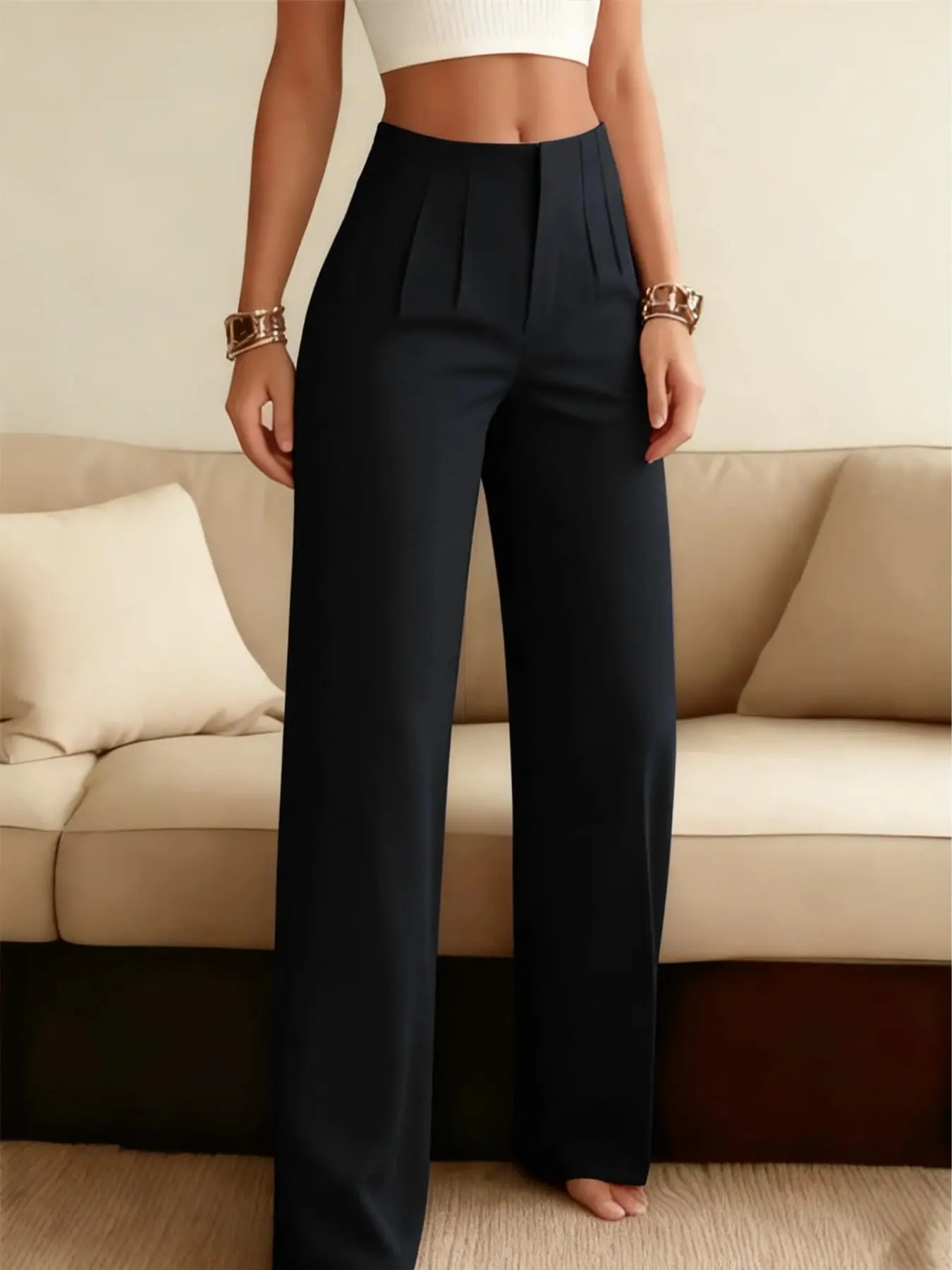 Women's Solid Color High Waist Wide Leg Straight Pants, Minimalist Elegance Business Casual Commuter Long Pants, Comfortable and Versatile Everyday Wear, Business Fit Pants, Business Casual Bottoms
