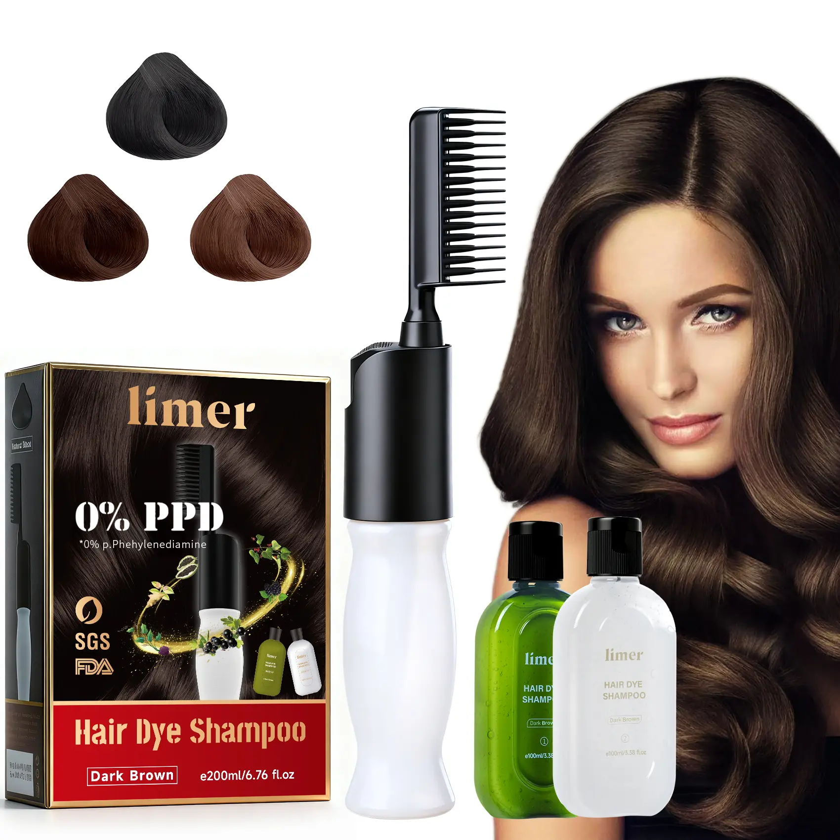Limer 6-in-1 Easy Comb-In Hair Dye Shampoo, PPD-Free, Ammonia-Free, Gray Coverage, Herbal Ingredients, Natural Hair Health, Easy Application