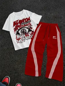 Unisex Loose Fit Vintage Streetwear Sports Set, Casual Activewear, Sportswear, Eye Print & Sticker Texture, Soft Comfortable Fabric, Casual Spring & Fall Sporty Style