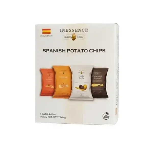 Inessence Gourmet Fried Potato Chips Variety Pack - 4x4.41oz, Spanish Sunflower & Olive Oil, Truffle/Chorizo/Jamón Ibérico Flavors, Extra Thick, Crunchy, Non-GMO, Cupboard-Stable, 12-Month Shelf Life, Snack Ideas, Authentic Taste Of Spain, Local Potatoes