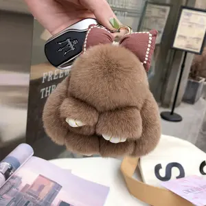 Cute Real Rex Rabbit Fur Bowknot Little Bunny Car Keychain Pendant Ins Plush Doll Backpack Decoration