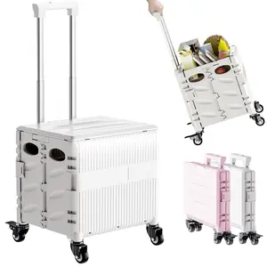 Folding Utility Cart | Portable Rolling Crate | Handcart Shopping | Trolley Collapsible Tool Box with Lid | Basket on 4 Rotate Wheels | for Office,Grocery,Luggage,Teacher (Pink)