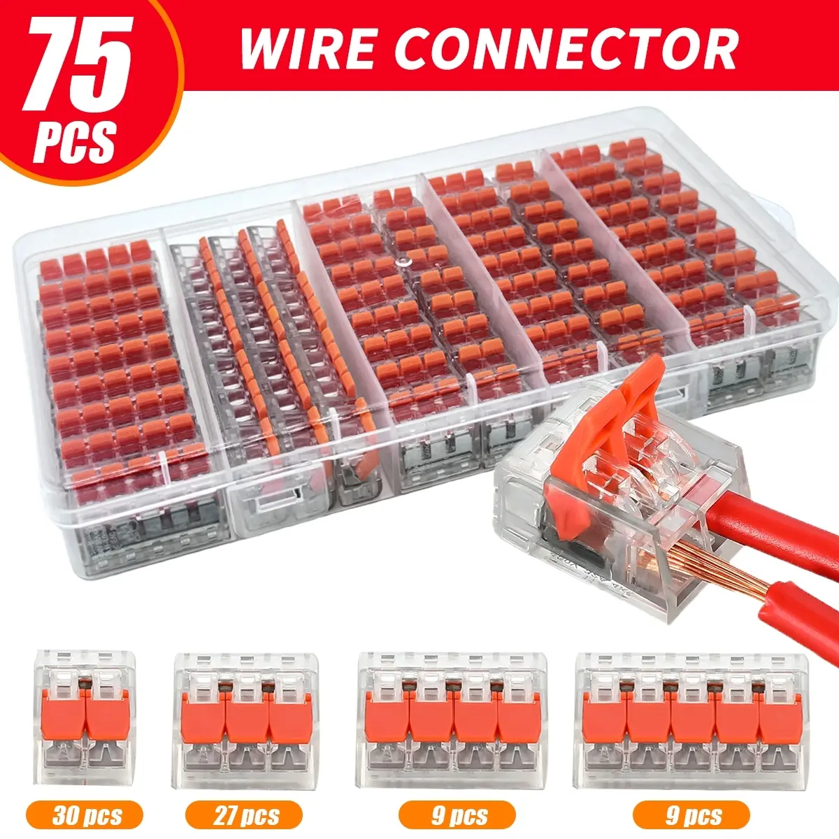 90/75 Quick Insert Terminal Kit, Universal Electrical Connectors, Straight Push Connectors, Lever Wiring Connector, Terminal Block, Tin Plated Copper + PVC Fire Retardant Shell, DIY Wire Connector Terminals