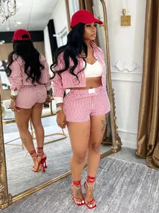 Women's Striped Long Sleeve Crop Top & Shorts Set, Womenswear, Casual Fitted for Spring & Fall, Commuter Fashion Style, Striped Loungewear Set
