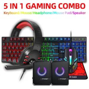 5-in-1 Gaming Combo, Wired Quiet Keyboard & Mouse Set with Low Battery Alert, Colorful Gradient Design, 2.4G Reliable Connection, Ergonomic & Compact for Office & Gaming on PC/Laptop