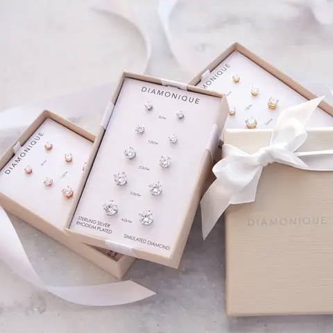 Diamonique Set of 5 Stud Earrings, Sterling or 14K Plated, Box