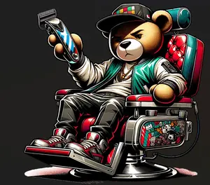 Street Style Bear Ready-to-Press Barber DTF Heat Transfer, Direct-to-Film Transfer for Cotton Compatible, Polyester Suitable Garments with 300-320°F Firm Press Settings