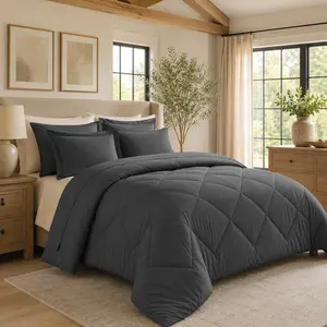 HEVUMYI 7 Pieces Queen Comforter Set, All Season Reversible Bed in a Bag, Ultra Soft Queen Bedding Set with Grey Comforter, Flat Sheet, Fitted Sheet, Pillowcases, Pillow Shams, Dark Grey