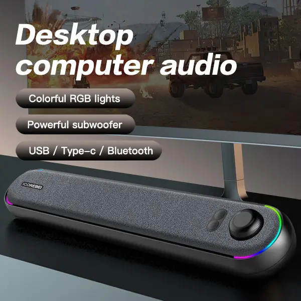 ICOREBEI Desktop Gaming Bluetooth Speaker Soundbar - Bluetooth 5.3, RGB Lighting, USB-to-USB-C Power & Audio, Plug-and-Play PC Accessories for Computers, Mobile Phones