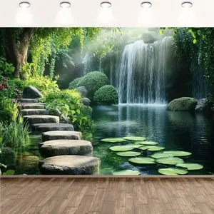 1PC,2D Flat Natural Waterfall Garden Door Banner, Festival Decoration Curtain, Forest Pond Water Lily Stone Path Theme, Home Festival Atmosphere Decoration Hanging Ornament, Indoor And Outdoor Festiv, Birthday, One-Piece