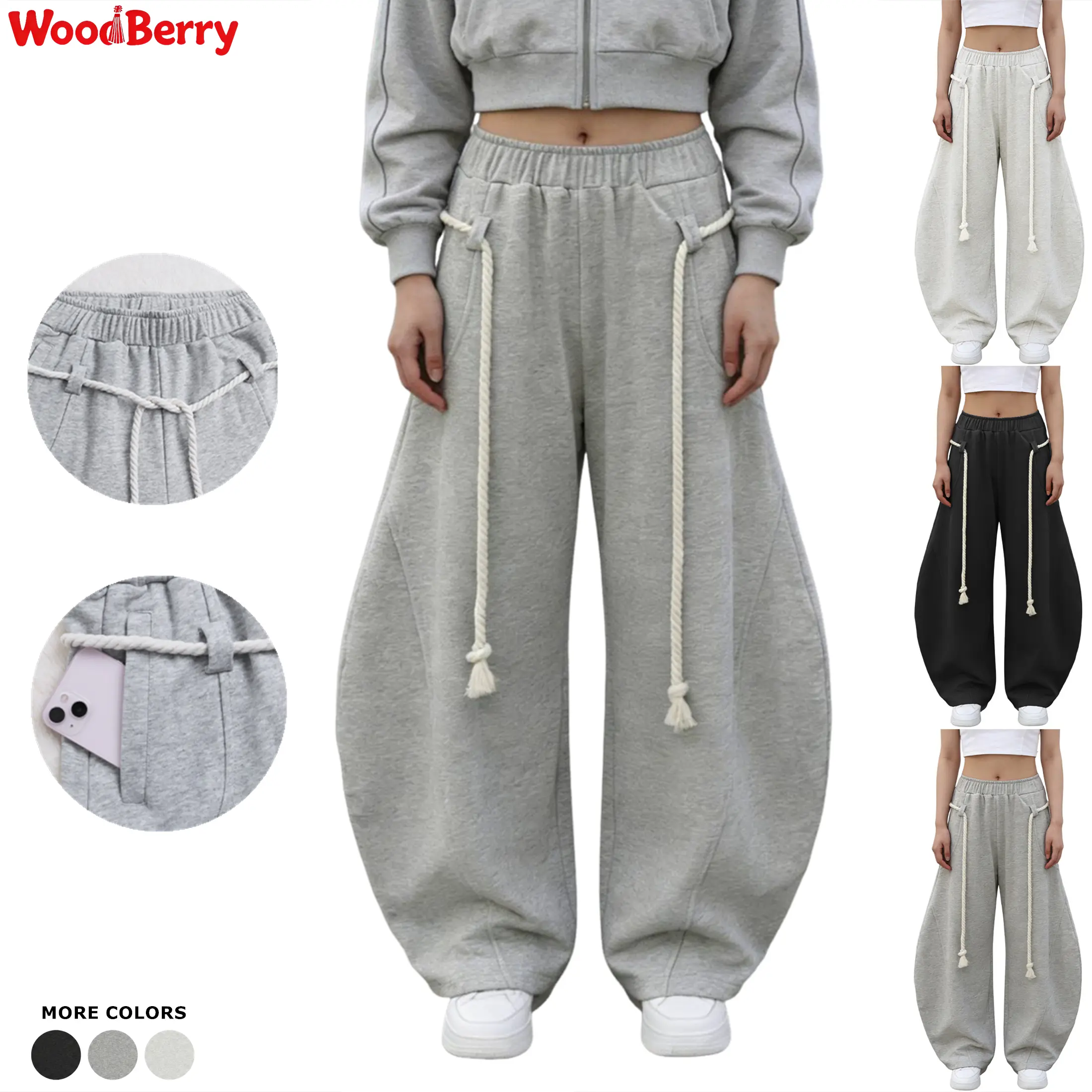 WoodBerry Super Baggy Barrel Sweatpants Wide Leg Pants for Women Casual Elastic Waist Unisex Lantern Trouser Pants with Drawstring and Pockets Loose Curved-Leg Pants