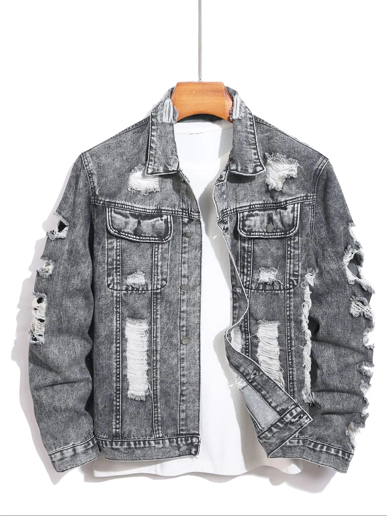 Men's Distressed Ripped Denim Jacket, Denim Jean Jacket, Comfy Longsleeves Outerwear for Daily Wear, Men's Clothing for All Seasons, Cotton Menswear, Casual Style Outerwear, Trendy Outerwear, Vintage Street Wear