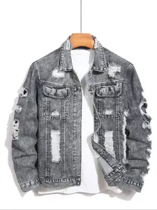 Men's Distressed Ripped Denim Jacket, Denim Jean Jacket, Fashion Comfy Longsleeves Outerwear for Daily Wear, Men's Clothing for All Seasons, Cotton Menswear, Casual Style Outerwear, Casual Fall Jacket, Casual Jacket Coat, Clothe, Vintage Street Wear