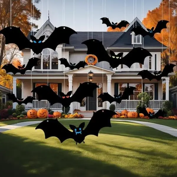 12 Pcs Hanging Bats Halloween Decorations Outdoor, Large Flying Plastic Bats Outdoor Halloween Decorations, 3 Different Size with Glowing Eye Stickers for Hanging in Tree, Yard, Porch, Lawn, Indoor