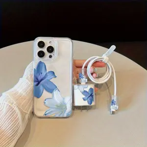 5-Piece Set Transparent Space Blue Lily Print Phone Case Charger Head Cover Cable Protector Storage Rope Anti-Drop Soft Tpu for iPhone Accessories