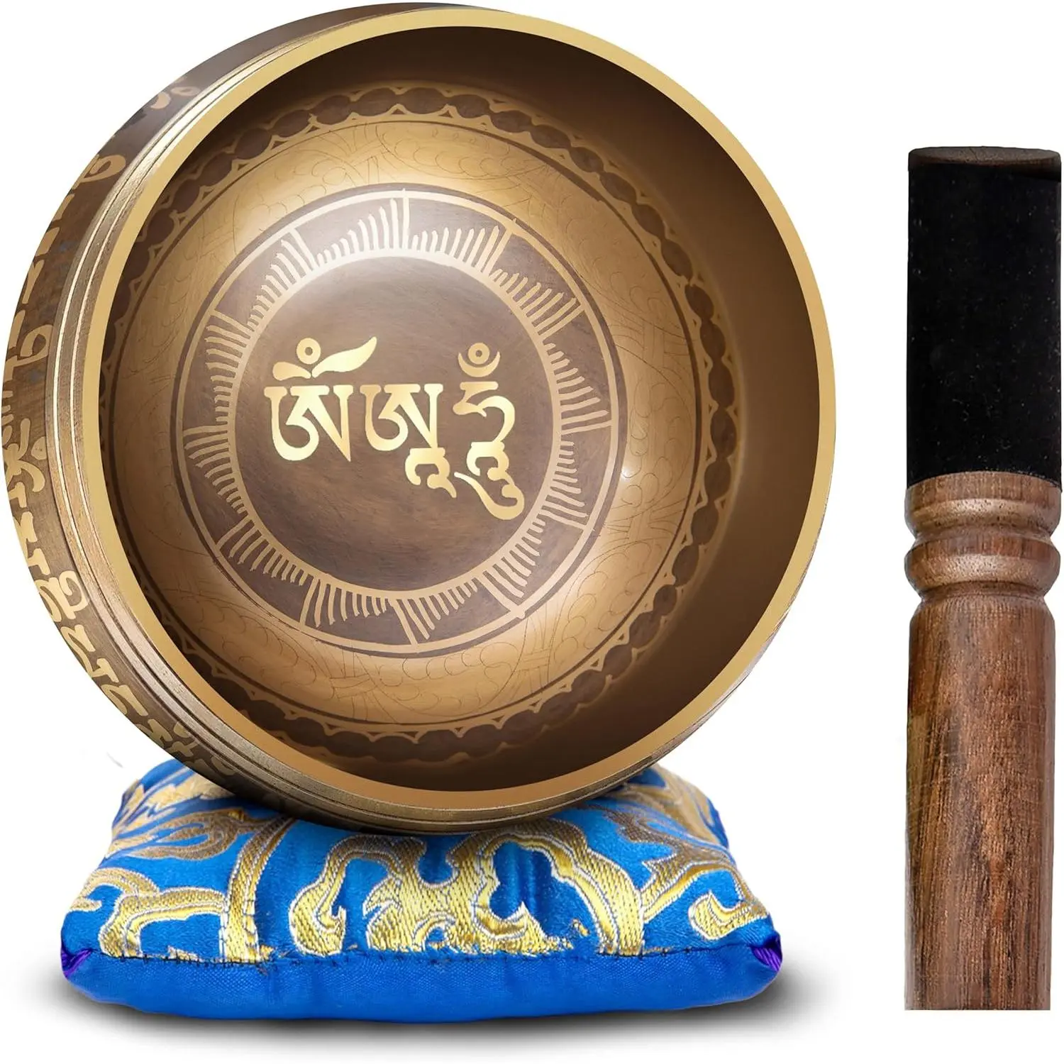 Tibetan Singing Bowl Set - Easy To Play Authentic Handcrafted For Meditation Sound Bowl Chakra Yoga  4 Inches By  (Brown & Blue)
