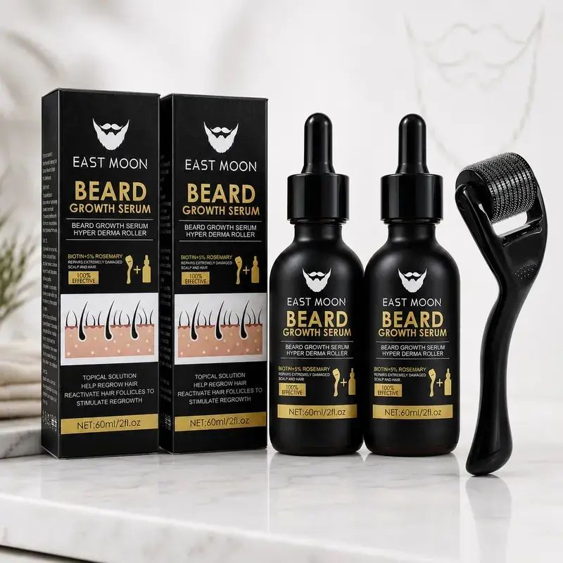 Men's Beard Growth Kit - Derma Roller, Nutritional Growth Boost Serum & Hair Care Daily Set (Beauty & Personal Care Tool) for Thickened Beards