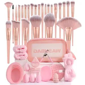 45-Piece Rose Gold Professional Makeup Brush Set, Soft Synthetic Bristles, Includes Beauty Blender, Beauty Sponge, Eyelash Curler, Hair Tie, Travel Case