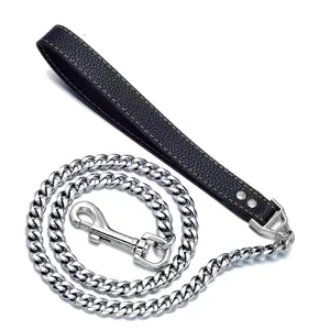 Dog Chain Leash 3FT 4.3FT Stainless Steel 10mm Cuban Link Dog Leash with Comfortable Genuine Leather Handle for Puppy Small Medium Large Dogs