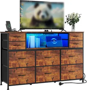 10 Drawer Dresser with LED Lights - Entertainment Center with Charging Station, TV Stand for 40-55 Inch TVs, Large Capacity Drawer Organizer, Sturdy Metal Frame, and Easy Assembly