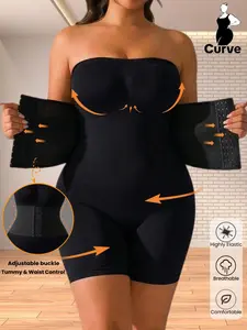 Plus Size Women's Seamless Abdominal Control Compression Thigh Lifter Jumpsuit, Adjustable Waist Button, Ribbed Crop Top Basic Casual Fit Shapewear, Comfortable Elastic Fabric,All Seasons