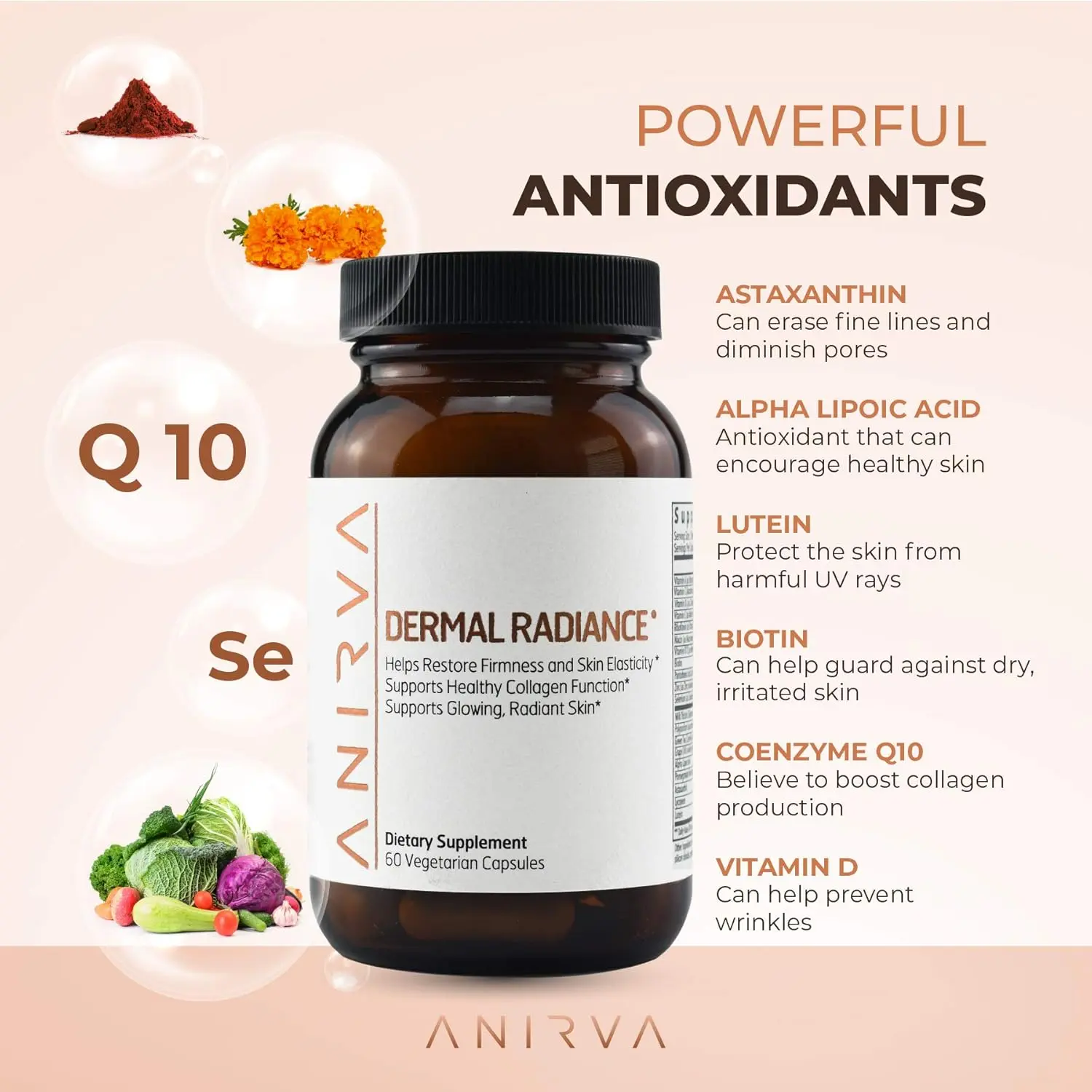 ANIRVA Dermal Radiance – Anti-Aging Skin Glow Supplement with Astaxanthin, Alpha Lipoic Acid & CoQ10 for Smooth, Clear & Radiant Skin – 60 Veg Capsules