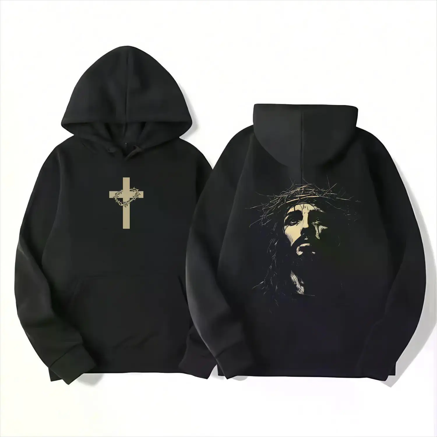Men's Graphic Pullover Hoodie, Casual Long Sleeve Christian Tops with Jesus & Cross Print, Soft Moisture-Wicking Fabric for Workouts, Longsleeves, Menswear, Sweatshirts, Jesus Image, Multi-Size, Handles Sweat Effectively, Great For Gym And Hangs, Clothes,
