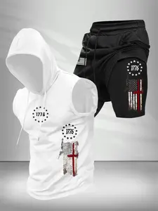 Men's Summer Casual Set, Patriotic Cross Flag Print Design, Includes Hooded Vest, Sleeveless T-Shirt, Sporty Basketball Shorts