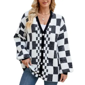 Women's Checkered Cardigan Sweater, Black White Plaid Open Front Knit Cardigan, Oversized Long Sleeve Fuzzy Button Down Cardigan for Fall Winter Fashion  Elegant Cotton Fit Womenswear