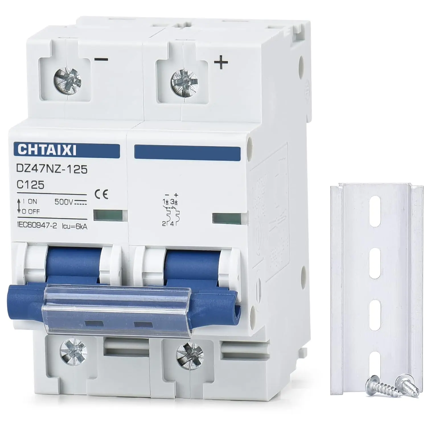 DC Miniature Circuit Breaker, 2 Pole 500V 125 Amp Isolator for Solar PV System, Thermal Magnetic Trip, DIN Rail Mount, High Current DC Disconnect Switch MCB 2P C125