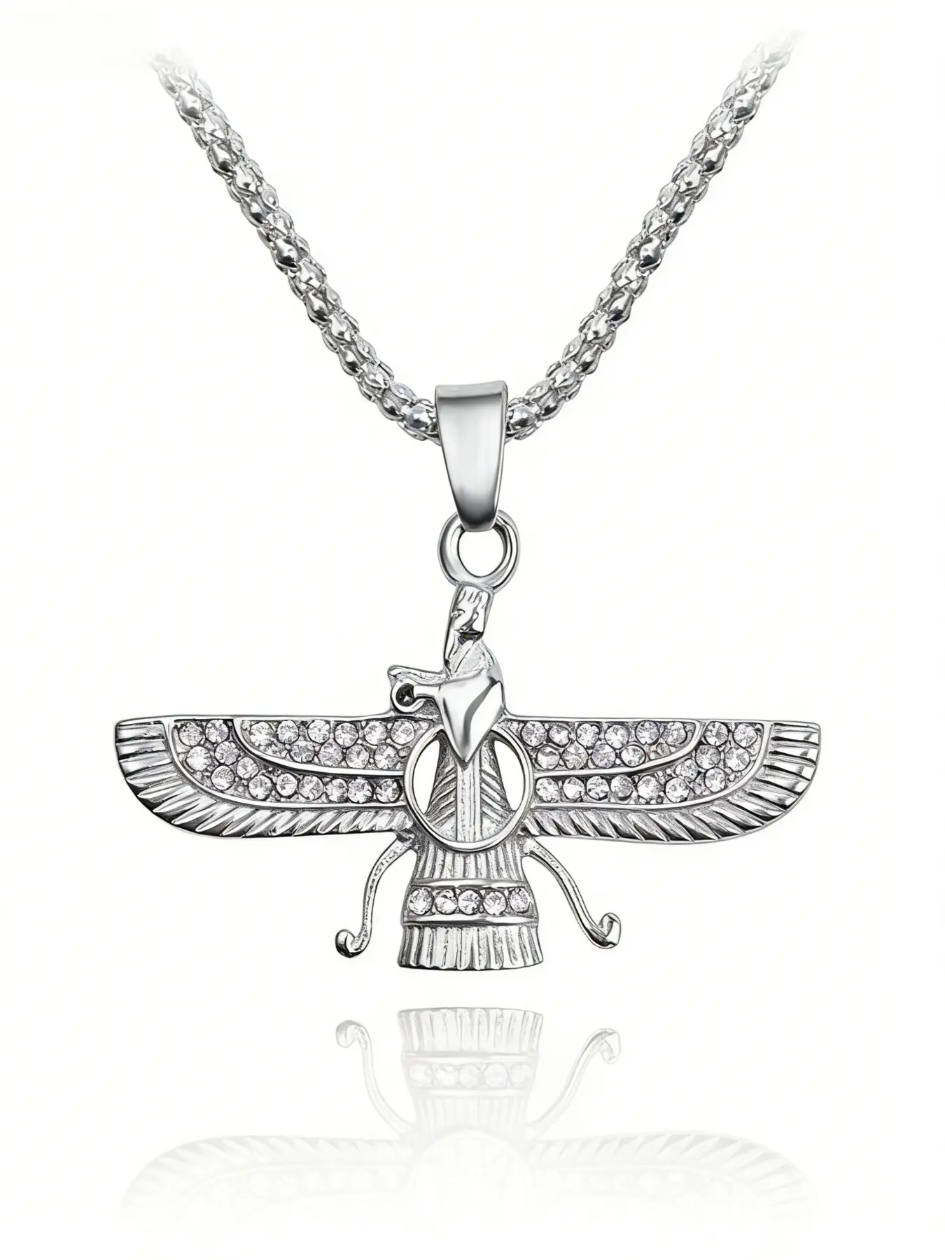 18K Gold Plated Cubic Zirconia Faravahar Pendant Necklace for Men Women, Ancient Persian Zoroastrian Symbol, Luxury Cuban Chain Jewelry