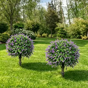 Megahit 2-Pack Artificial Lavender Boxwood Topiary Ball with Ground Spike, 22 Inch UV Resistant Faux Plants for Outdoor & Indoor Decor, Garden, Patio, Porch, Yard