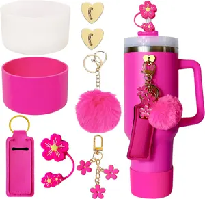 Accessories for  Cup 40oz,2  Boots for  Tumbler,1 Flower Straw Cover Topper,2 Charms Hooks,1 Lipstick Holder Bag,1 Pompom Ball,1 Cute  Charms (Passion )