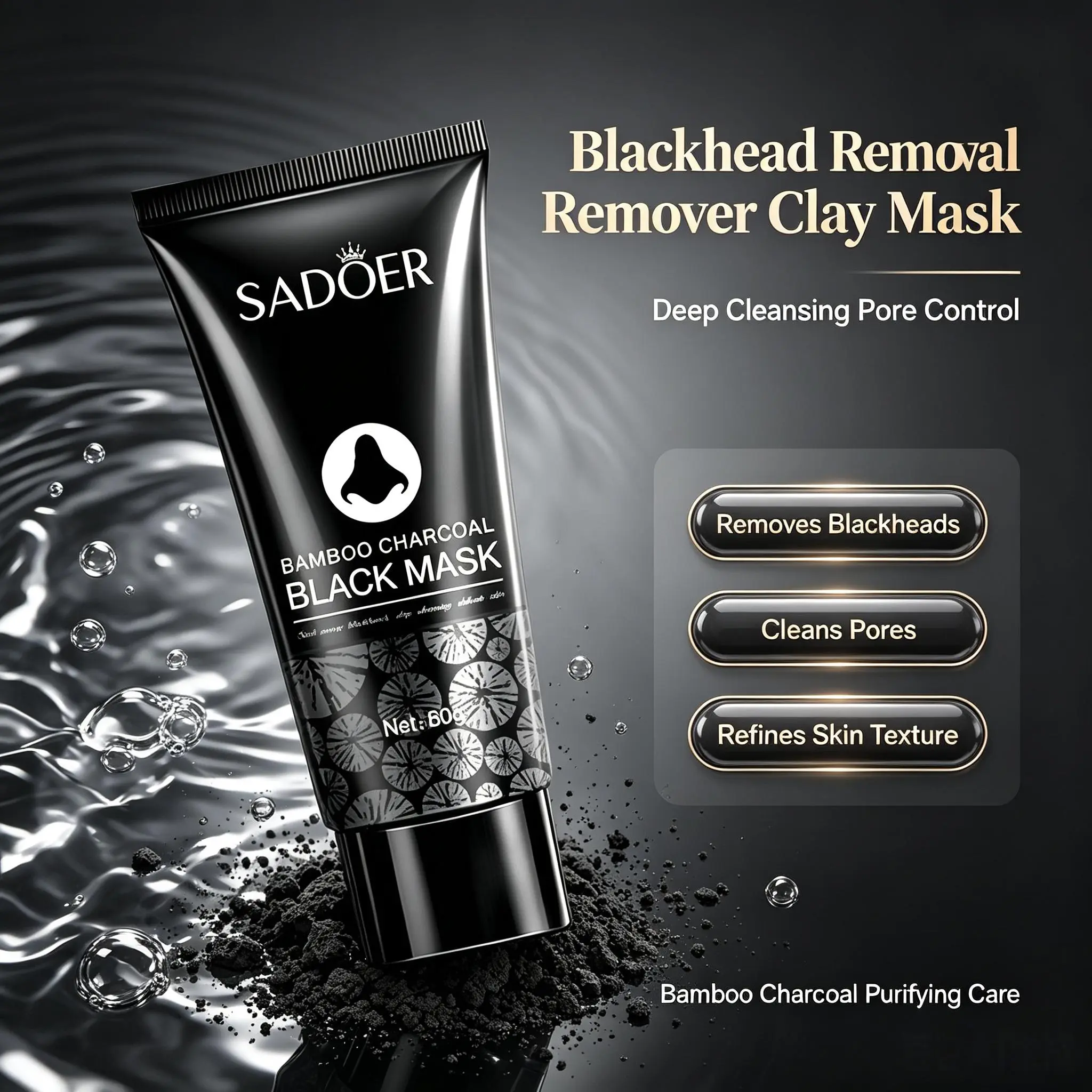 SADOER Bamboo Charcoal Deep Cleansing  BlackHeads and Dirt Removal Black Mask Mud Gentle Smooth Facial