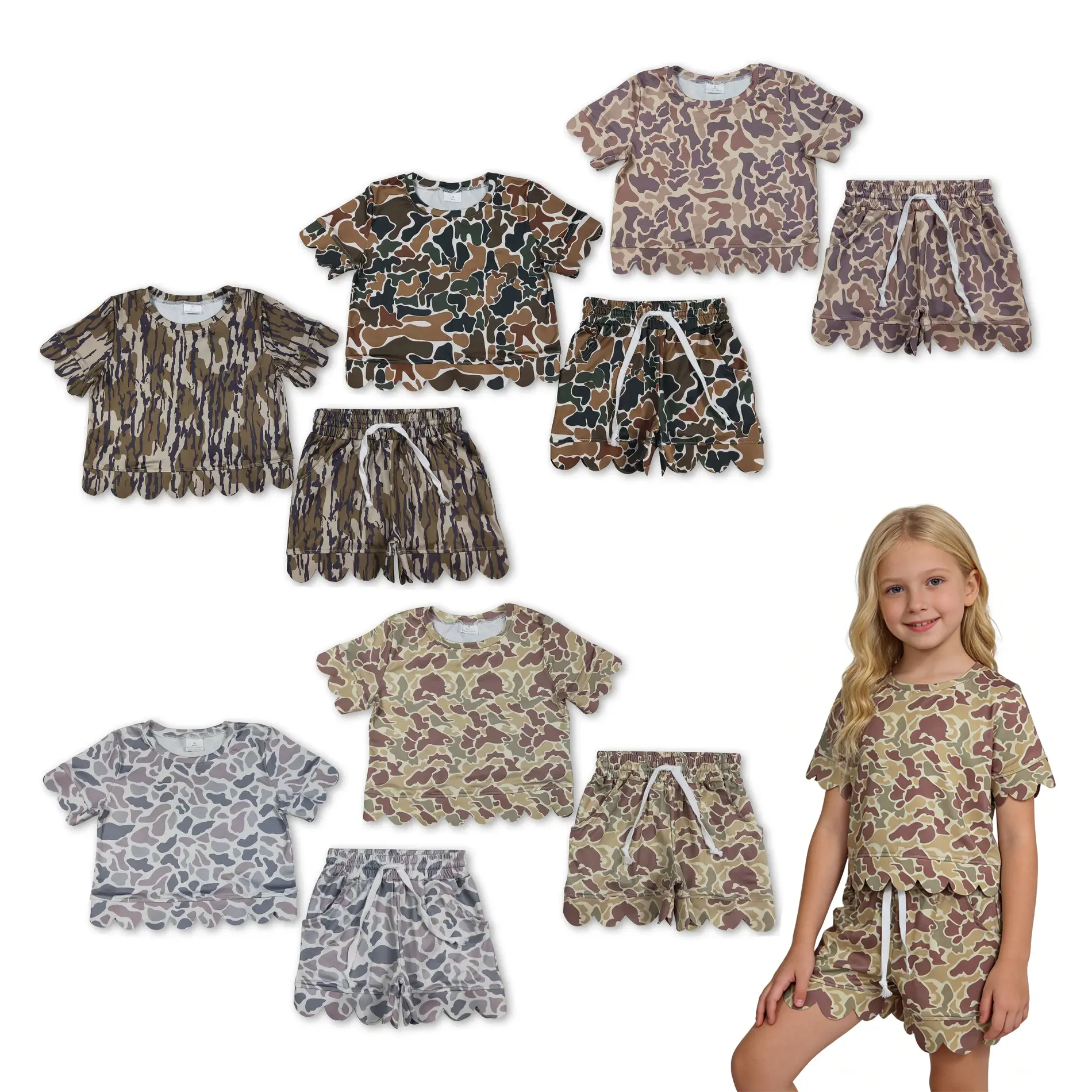 2-Piece Toddler Girl Outfit, Cotton Print Top with Scalloped Sleeves and Shorts, Summer Clothes for Playwear, Easy to Put On and Take Off, Cute, Breathable, Coordinated, Clothing, Camo, 2T, Quick Dress & Go, Kids Clothing Girls, Girls Clothes For Kids